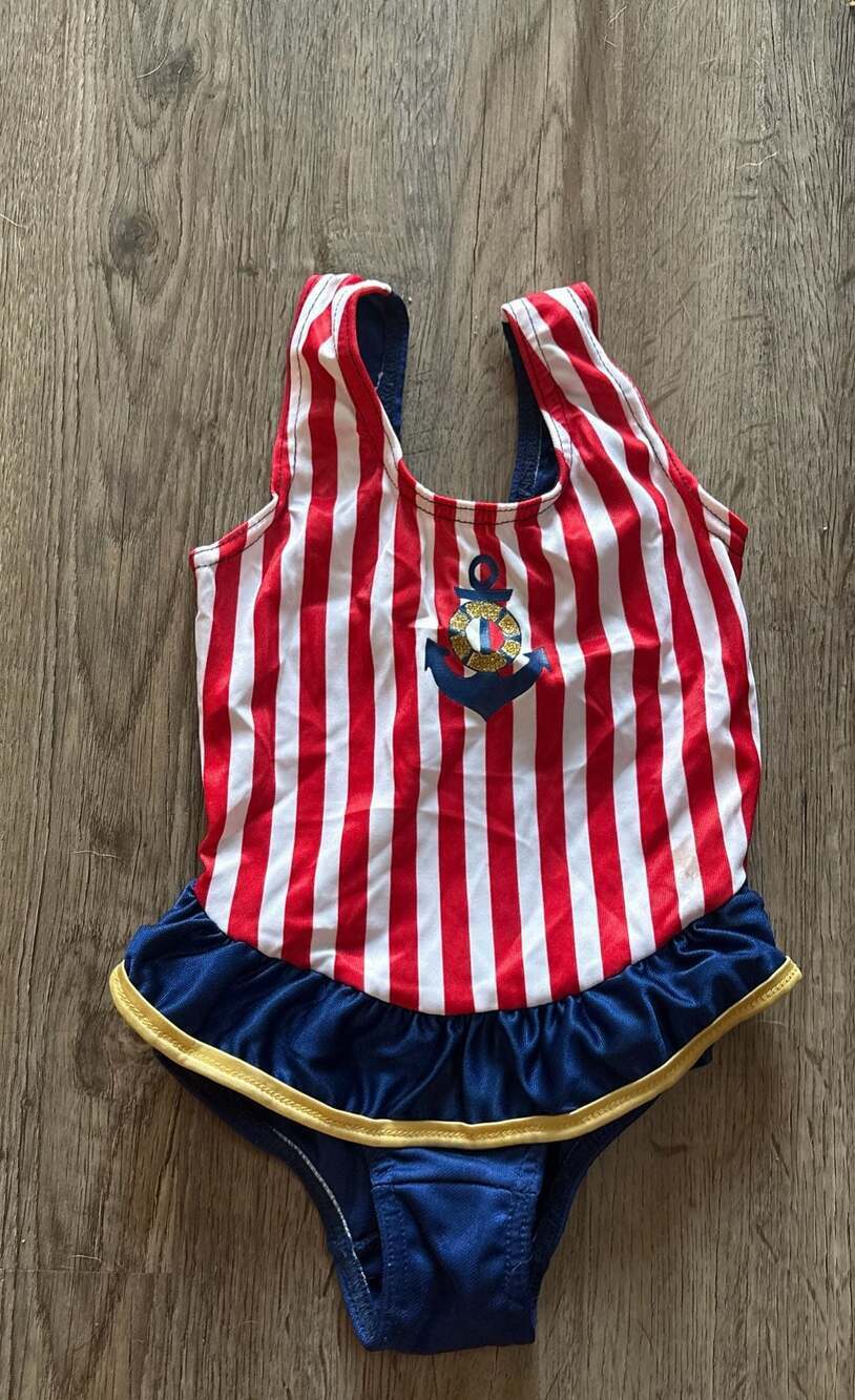 VTG Healthtex Toddler Girl's Nautical Striped Anchor One-Piece Swimsuit Size 3T